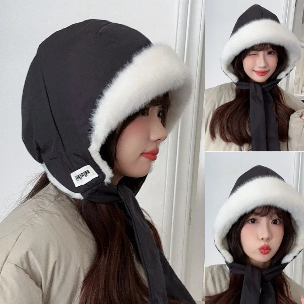 High Quality Fleece-lined Earmuffs Hat Thickened with Straps Quilted Cap Waterproof Warm Hat for Women